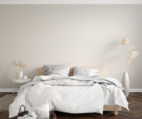 Scandinavian bedroom close up, wall mock up, 3d render
