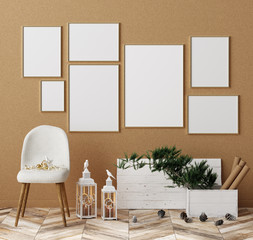 Mock up frames with Christmas decor near plywood wall, Christmas interior background, 3d render