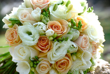 Classic Round Bridal Bouquet of Lisianthus, Tulips, Roses and Freesias. Spring Wedding Ideas. Wedding Flowers. 