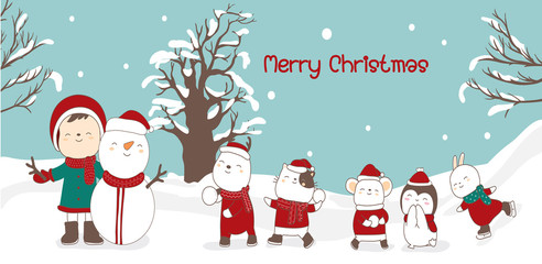 merry christmas happy new year cartoon hand drawn style.vector illustration