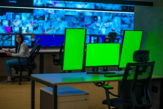 Modern Surveilance Control Room And Computer CCTV Monitors.