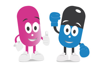 Pink and blue capsules characters with shadows. Medical and health concept.