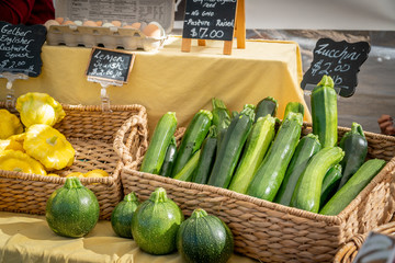 Zucchini and yellow squash for sale at a local farmer's market in Southern Oregon