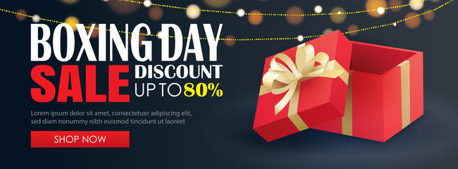 Boxing day sale with red gift box advertising banner template. Use for flyer, poster, christmas seasonal offer, discount.
