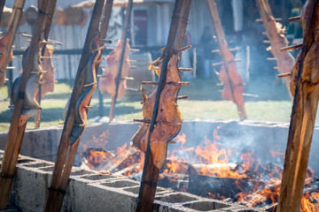Salmon being  grilled over an open fire using a traditional native american technique at an event in Southern Oregon