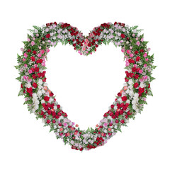 Beautiful heart shaped floral wedding arch with colorful roses flowers and tropical fern leaves, Valentine’s day nature backdrop isolated on white background with clipping path.