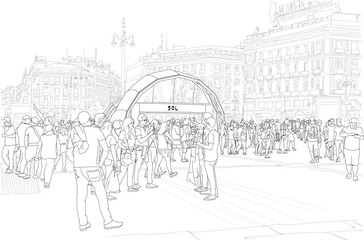 Hand drawn illustration. Madrid, Spain, at the subway in famous Plaza Del Sol, people gather. Black and white.