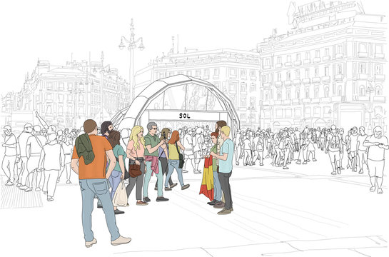 Hand drawn illustration. Madrid, Spain, at the subway in famous Plaza Del Sol, people gather.