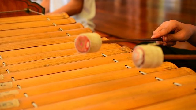 Boys playing xylophone instruments in youth music performance,Thai Xylophone music player
