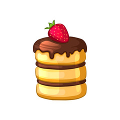 Cake with chocolate cream and strawberry. Sweet pastry. Cartoon icon. Isolated object on a white background. 