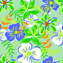 Fototapeta na wymiar Seamless - Tropical flowers free hand with blue backgrund