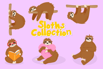 Fototapeta premium Cute little sloths in different poses collection isolated on pink background. Hand drawn illustration of sweet animal with book, hearts and on twigs. Little sloths kids vector illustration.