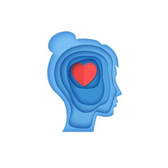 Fototapeta na wymiar Woman brain head with love hearts in paper cut style. St Valentine day modern vector card concept. Silhouette of papercut layered men with think of love in brain. Girl's head cardboard application