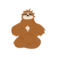 Cute sloth sitting in yoga pose isolated on white background. Meditation little sloth in scandinavian style. Childish cartoon animal in namaste poses vector illustration.