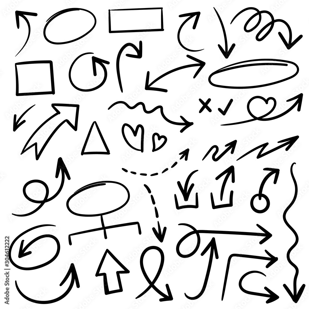 Aufkleber arrows hand drawn vector set. sketch arrow design for application, banner, print screen, pen marks, 