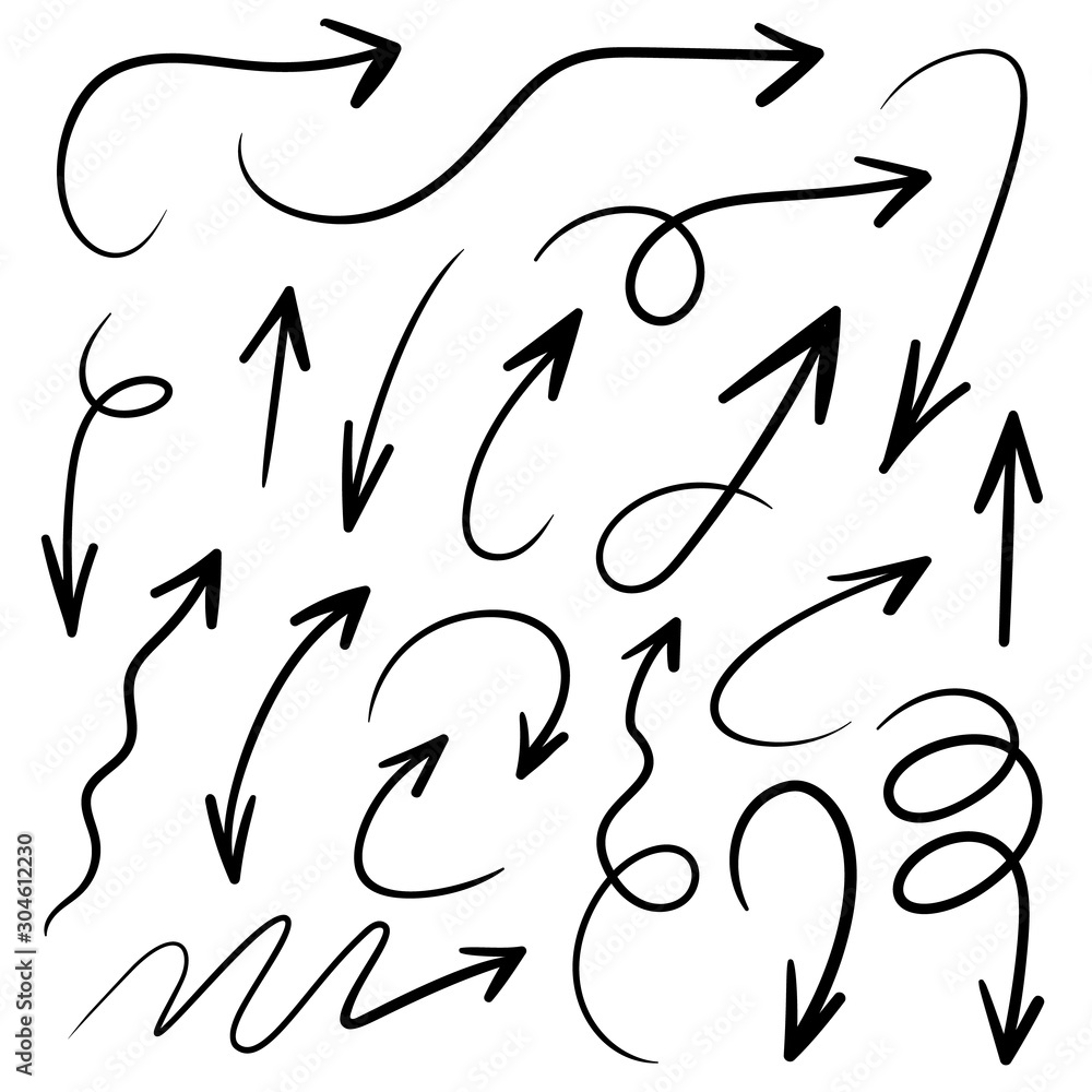 Aufkleber arrows hand drawn vector set. sketch arrow design for application, banner, print screen, pen marks, 