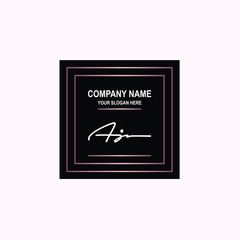 AJ Initial signature logo is white, with a dark pink grid gradation line. with a black square background