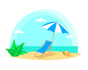 Sun lounger and parasol on the beach. Vector illustration.