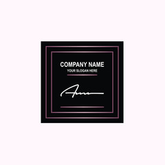 AM Initial signature logo is white, with a dark pink grid gradation line. with a black square background