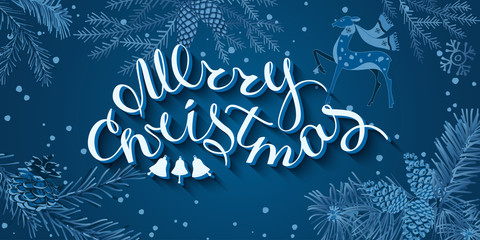 Merry Christmas-hand lettering. Blue Christmas tree branches and pine cones on a dark blue background.