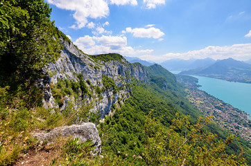 A panoramic view on the Lake Annecy from mont Veyrier to mont Baron hiking track, France