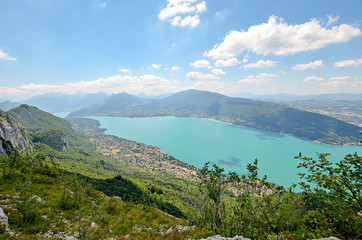 Naklejka na ściany i meble A panoramic view on the Lake Annecy from mont Veyrier to mont Baron hiking track, France