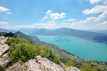 Naklejka na ściany i meble A panoramic view on the Lake Annecy from mont Veyrier to mont Baron hiking track, France
