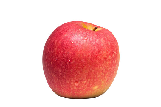 Red apple real skin with water drop on, look fresh on white background. Clipping path