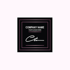 CT Initial signature logo is white, with a dark pink grid gradation line. with a black square background