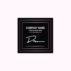 DA Initial signature logo is white, with a dark pink grid gradation line. with a black square background