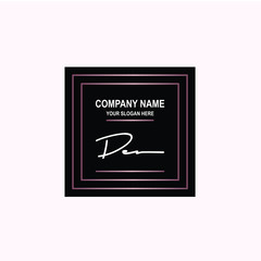 DE Initial signature logo is white, with a dark pink grid gradation line. with a black square background