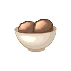 Balls of chocolate ice cream in a bowl. Cartoon icon. Isolated object on a white background. Vector illustration.