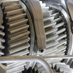 Gears and shifter of manual car transmission close up