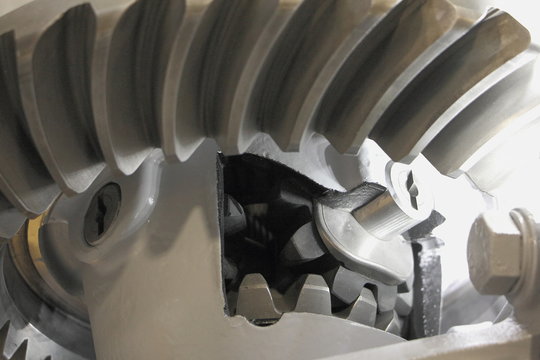 Car gear section close up, Hypoid transmission model, planetary gearing maintenance, driven pinion