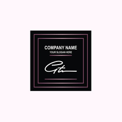 GT Initial signature logo is white, with a dark pink grid gradation line. with a black square background