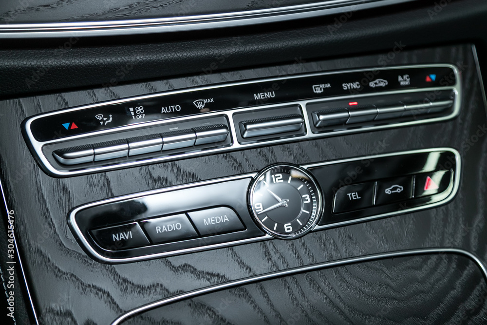 Poster audio stereo system, control panel and cd in a modern car. car control panel of audio player and oth