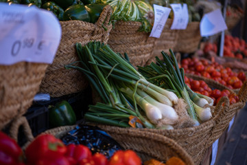 Fruits and vegetables at a farmers market. Vegetables in basket. Bio, healthy food. Organic vegetables. Vegetarian food.