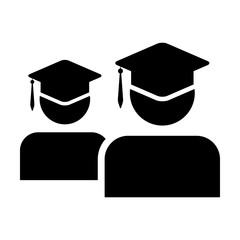Graduation icon vector male group of students person profile avatar with mortar board hat symbol for school, college and university degree in flat color glyph pictogram illustration