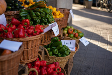 Fresh organic food at the local farmers market. Farmers markets are a traditional way of selling agricultural products. Organic, bio, healthy food. Freshly, seasonal harvested. Agriculture.