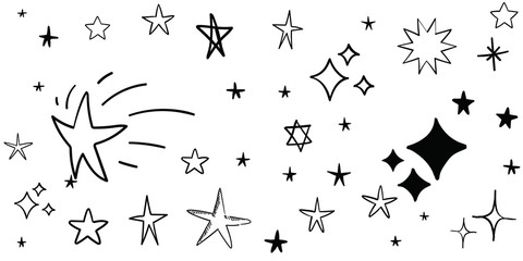 Stars doodle set. Hand drawn star sketch illustrations. Vector collection.