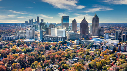 Aerial Panoramic photo of downtown Atlanta Skyline - obrazy, fototapety, plakaty