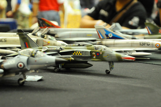 KUALA LUMPUR, MALAYSIA -MARCH 6, 2018: Selected focused various of fighter plane miniature model scale. The model based on various model and era fighter plane. Display for public by collector. 