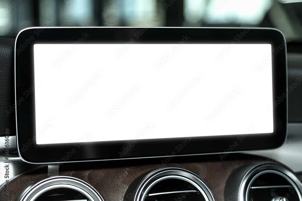 Poster close-up screen with a white background for your design on the control panel of a modern car. mocap 