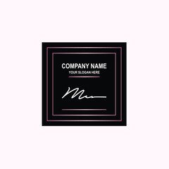 MC Initial signature logo is white, with a dark pink grid gradation line. with a black square background