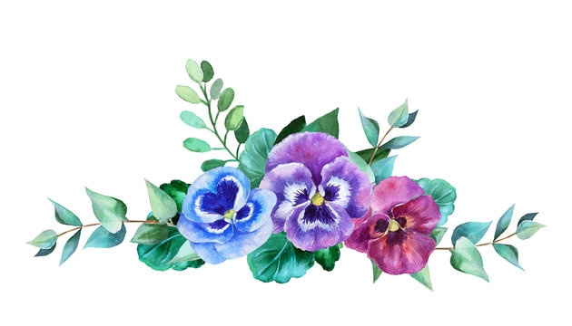  Watercolor composition with flowers pansies