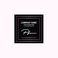 PF Initial signature logo is white, with a dark pink grid gradation line. with a black square background