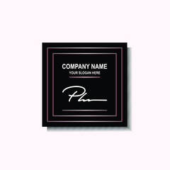 PH Initial signature logo is white, with a dark pink grid gradation line. with a black square background