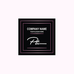 PT Initial signature logo is white, with a dark pink grid gradation line. with a black square background