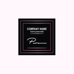 PW Initial signature logo is white, with a dark pink grid gradation line. with a black square background