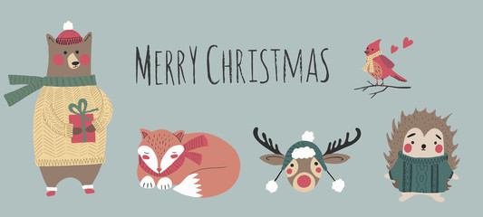 Set of Christmas and New Year elements with animals and lettering. Hand drawn Vector illustration.